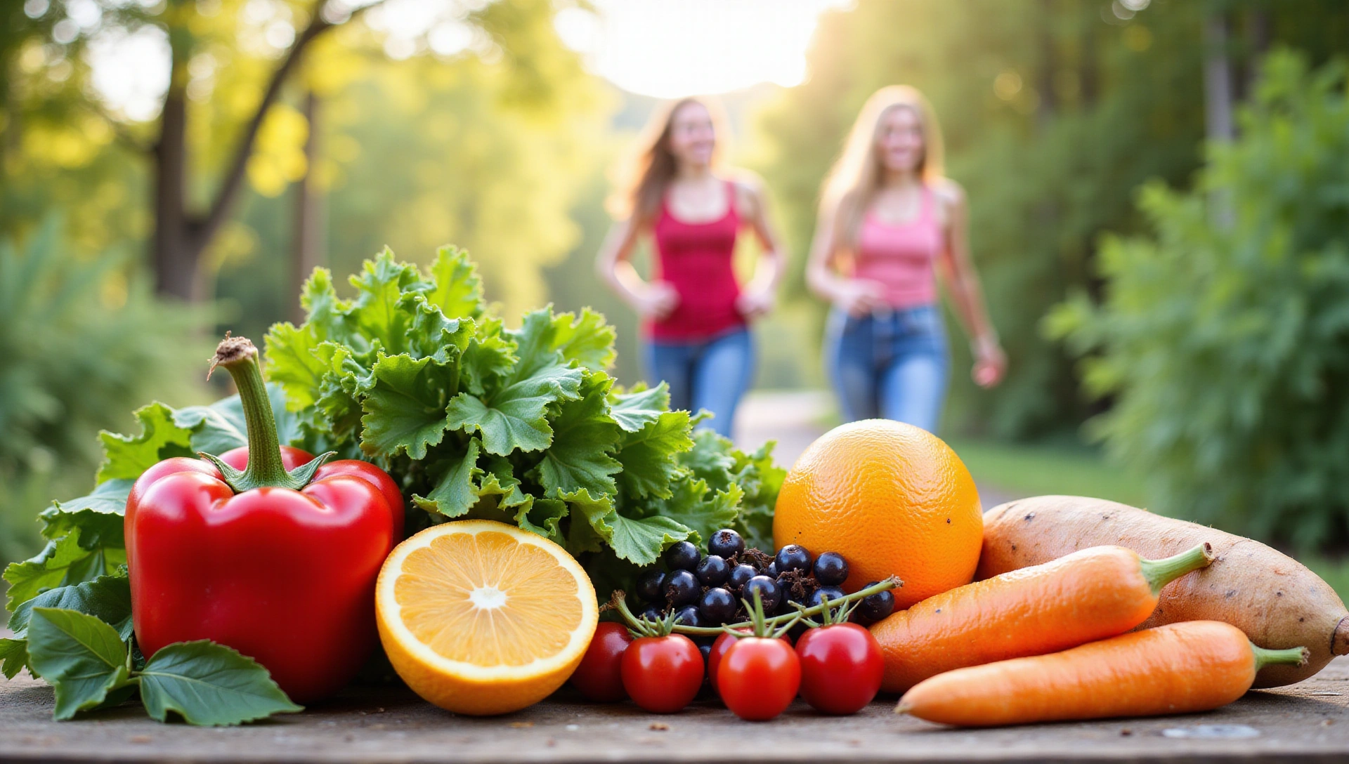 Friss zöldségek, gyümölcsök és egy mosolygós, energikus ember, akik az egészséges életmódot szimbolizálják.