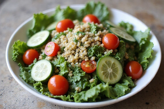 Tál friss, színes salátával és quinoa-val.