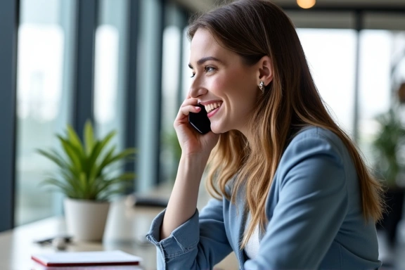 Fiatal nő telefonál és jegyzetel, miközben mosolyog egy modern irodában.
